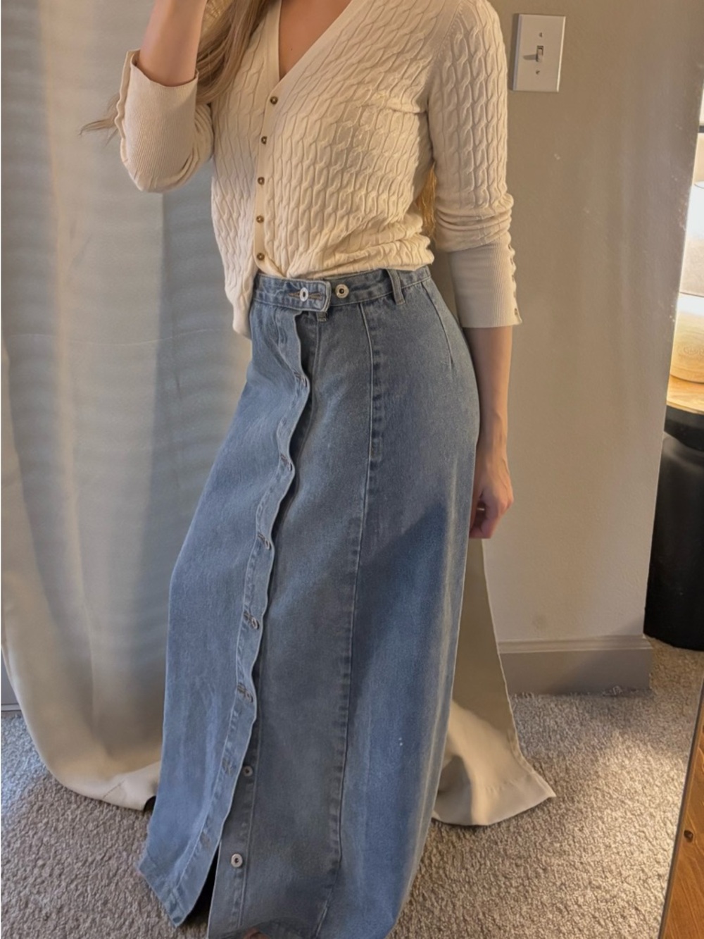 Beginning Boutique Light Blue Button-Front Denim Maxi Skirt